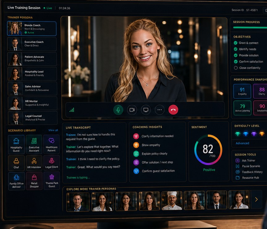A live training session on screen: trainer persona roster, live video, transcript, coaching insights, and sentiment
