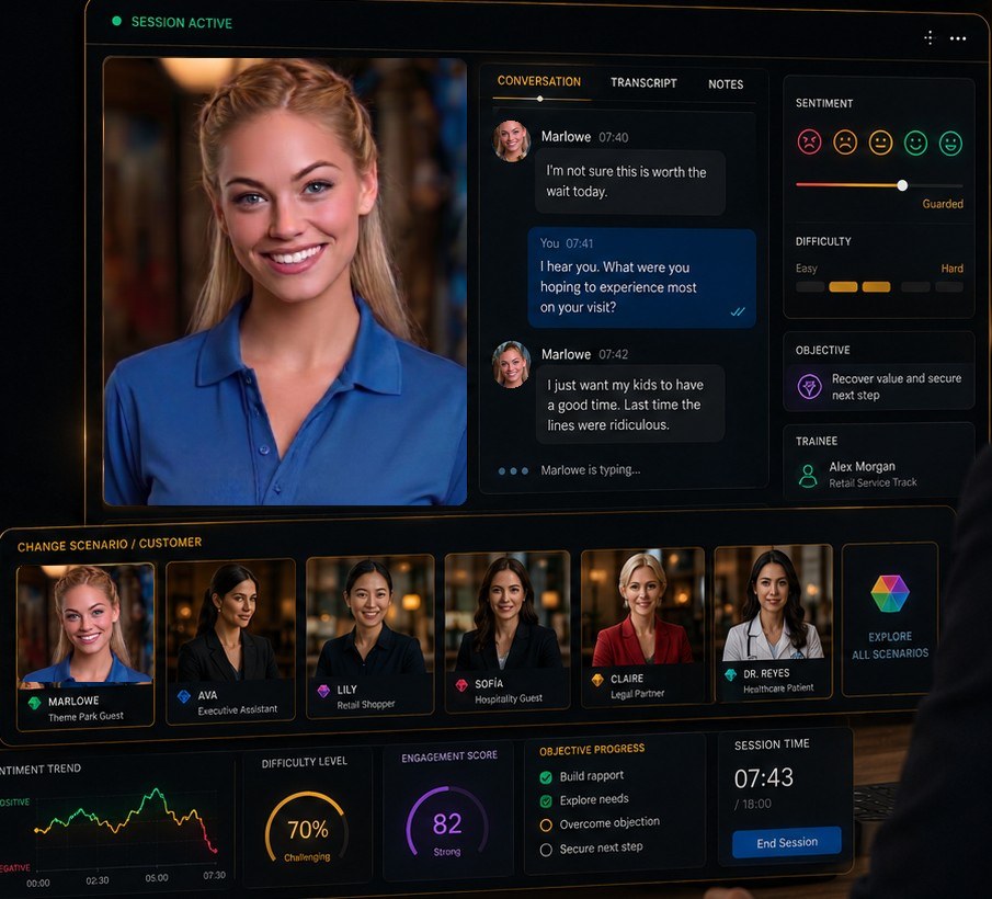 A live session on screen: Marlowe in the video window beside the conversation, sentiment, difficulty, and objective panels